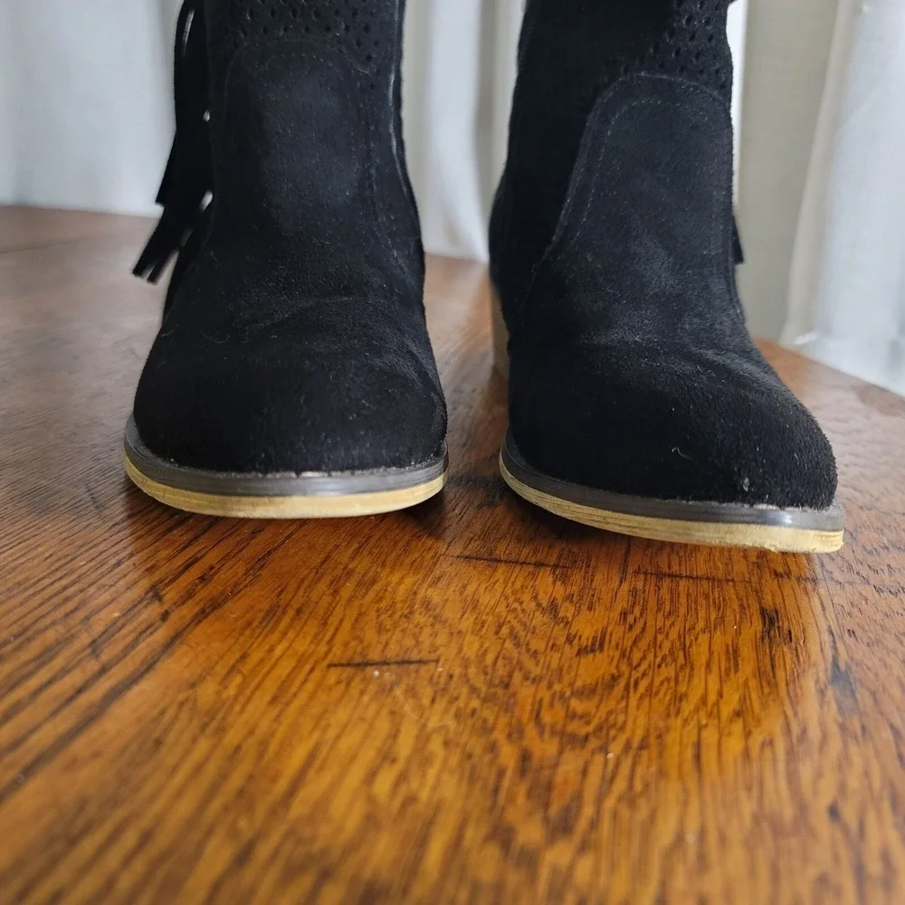 MiiM Sz 7 Western Faux Suede Fringed Ankle Boot Block Heel BLACK Boho